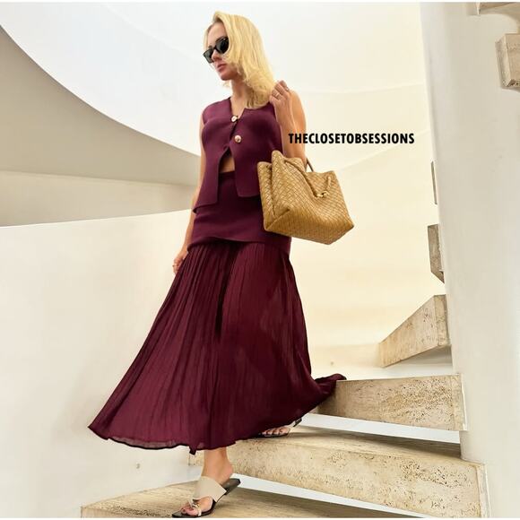 ZARA High-Waisted Pleated Skirt NWT | Burgundy Midi Mixed Media M - Picture 15 of 16